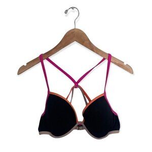 Victoria’s Secret Bikini Top Size  32DD Black Neon‎ Fabulous Push Up Racerback